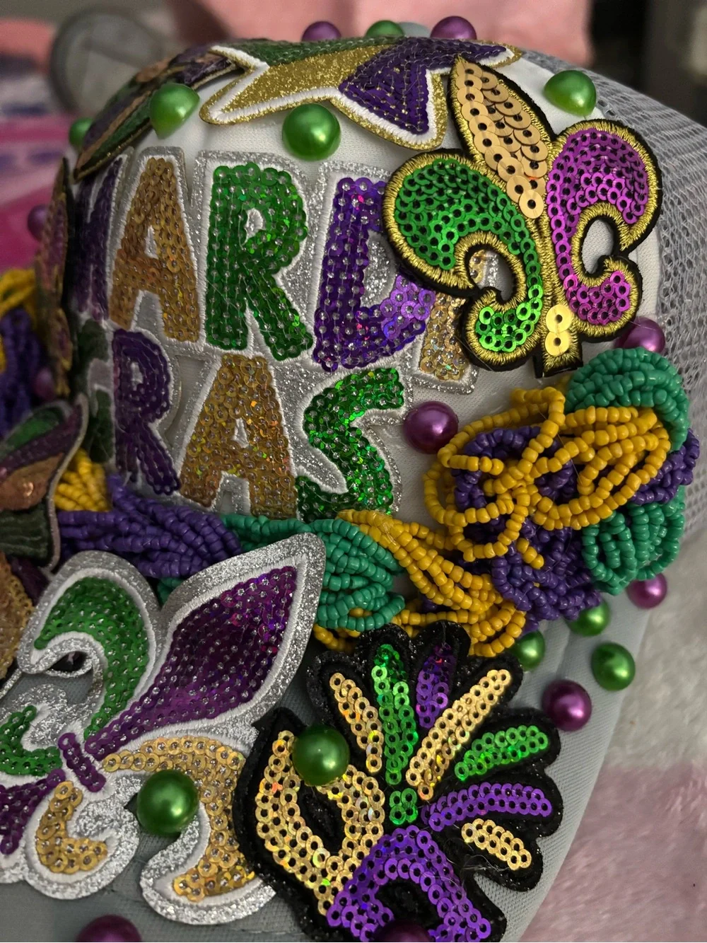 Mardi Gras Custom Beaded Hat - Purple, Green & Gold